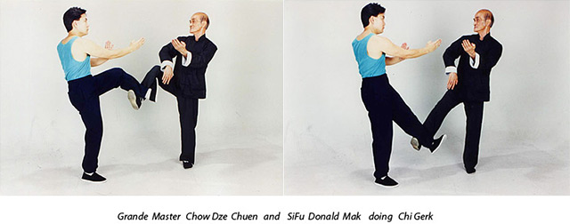 Гран мастер Чоу Дзе Чуен и сифу Дональд Мак тренируют Чи Гёрк – прямой удар ногой в технике «липких ног».